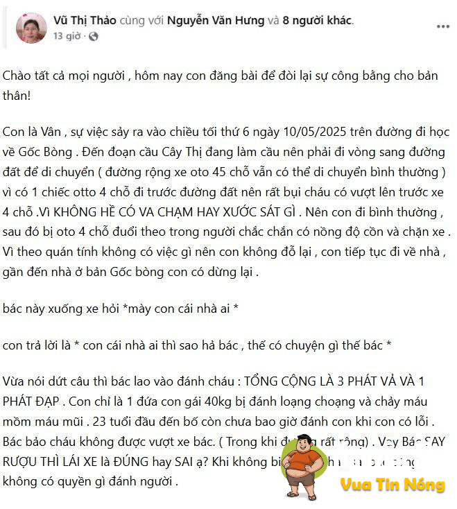 Bắc Giang: Cô gái bị tài xế ô tô hành hung đánh, đập khi cô đang trên đường đi học về.