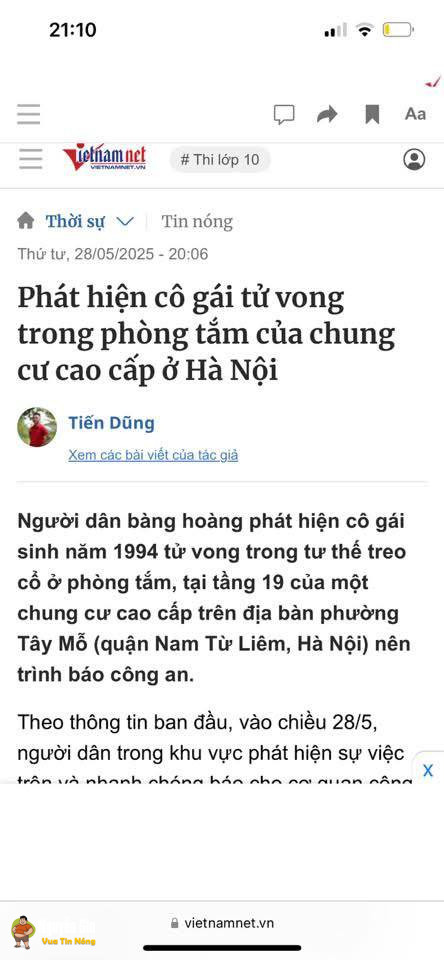 Hà Nội: Phát hiện thithe cô gái trẻ trong phòng tắm tại một chung cư cao cấp