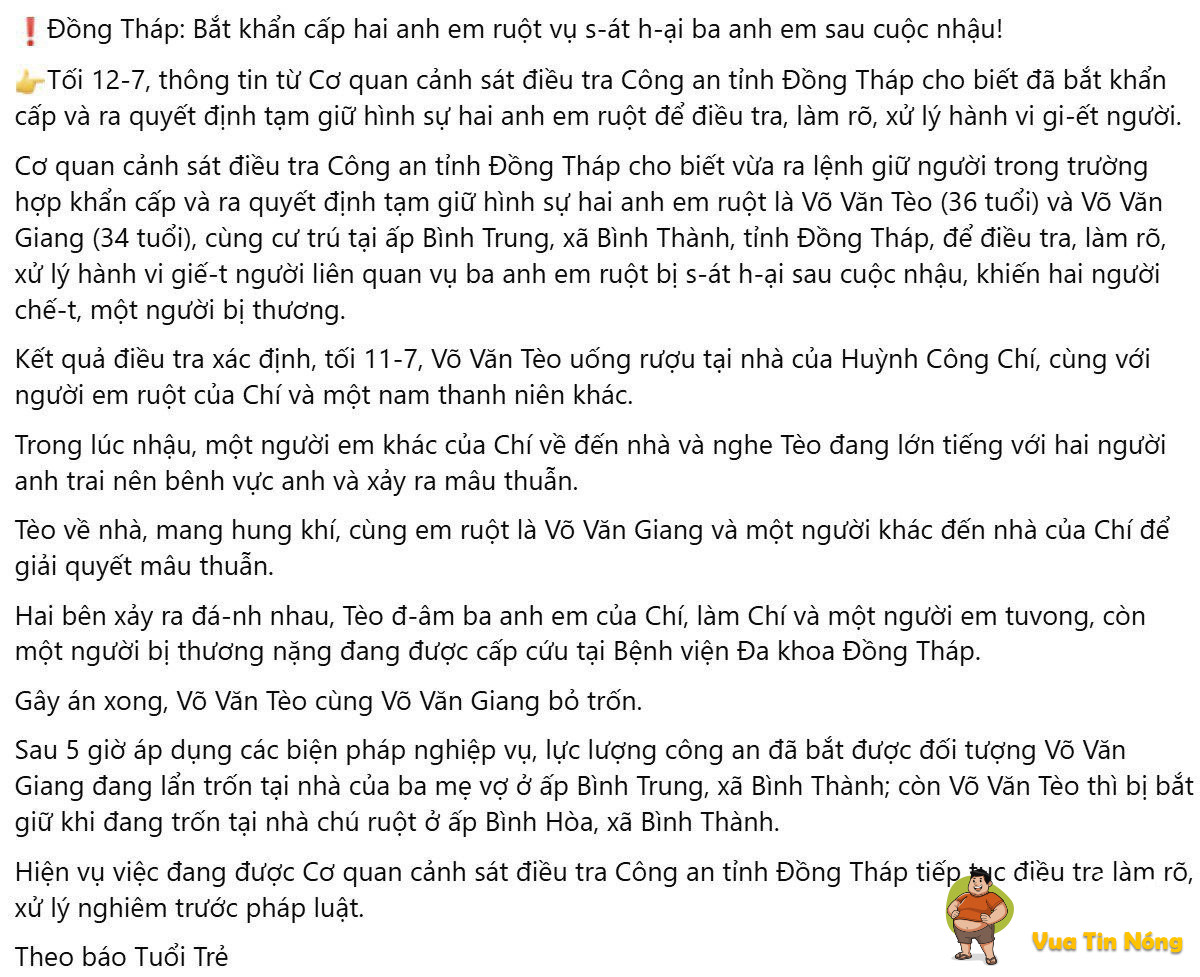 Đồng Tháp: tương tác giữa 3ae ruột và 2ng lạ.. kết quả 3ae ruột đăng xuất 2