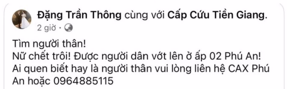 ấp 02 Phú An, Cai Lậy, Tiền Giang: người dân vớt lên 1 thi thể nữ cần tìm thân nhân..