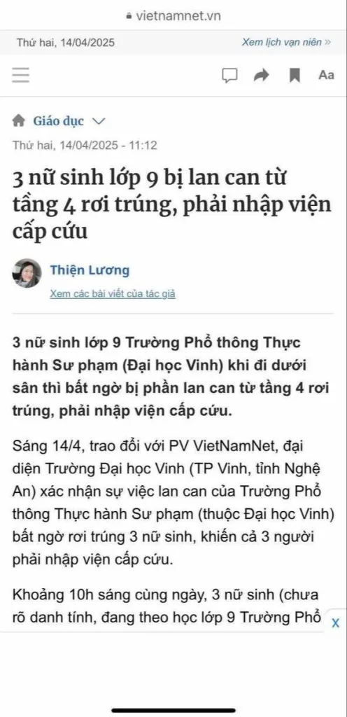 Ba nữ sinh lớp 9 (Đại học Vinh) bị lan can tầng 4 rơi trúng.. nhập viện cấp cứu
