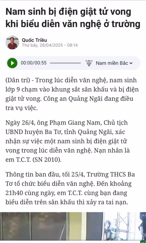 Tối qua, học sinh cấp 2 Ba Tơ – Quảng Ngãi diễn văn nghệ bị điện giật tử vong.