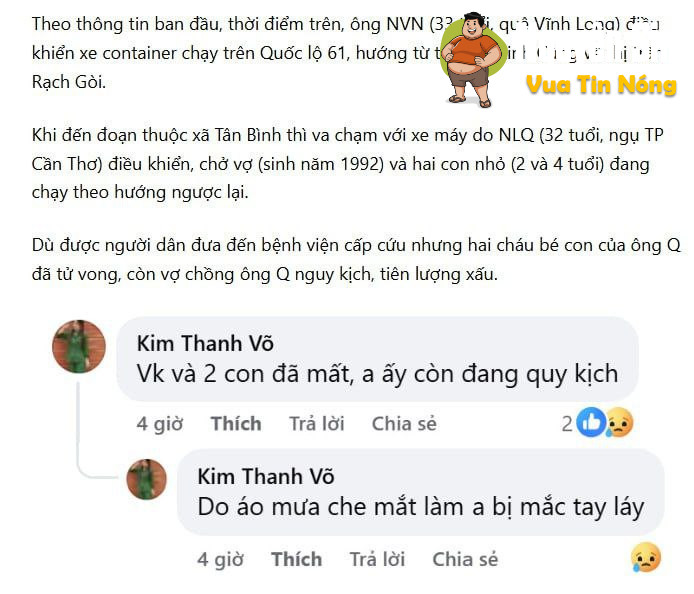 Hậu Giang: Cam hành trình varrcham với xe contai-nơ, gia đình 4ng (3tv, 1nguykick)