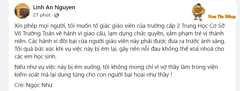 BÌNH DƯƠNG: Thầy giáo cấp 2 bị tố có hành vi ABC với học sinh trong trường.