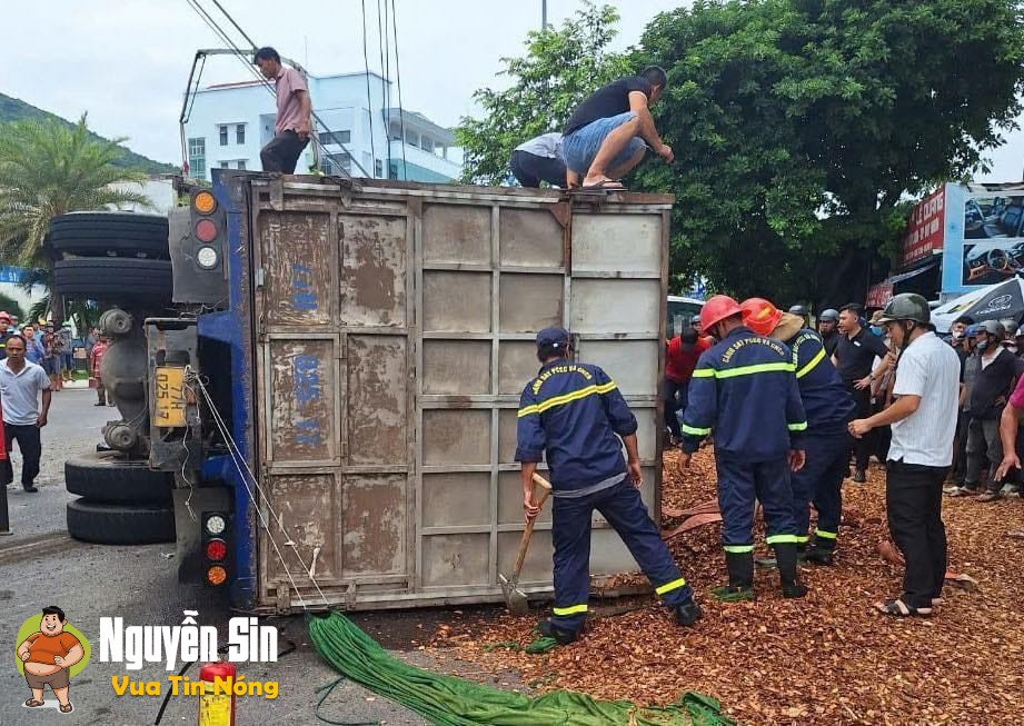 Xe tải chở dăm gỗ lật, đè TV 3 người tại Bình Định