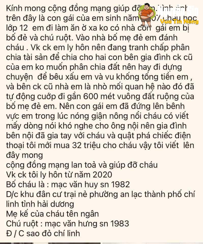 Hải Dương: Bố mẹ ly hôn: Con gái 17 tuổi ở nhà ông bà ngoại…bị cha, chú kéo đến oánh cực kỳ daman khi mẹ đi làm xa