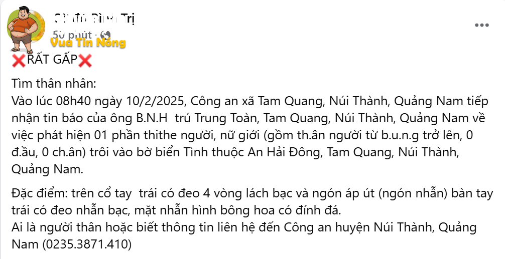 Quảng Nam: phát hiện 01 thithe người, nữ giới (gồm thâ:n người từ b.u.n.g trở lên, 0 đầu, 0 châ:n) trôi vào bờ biển Tình