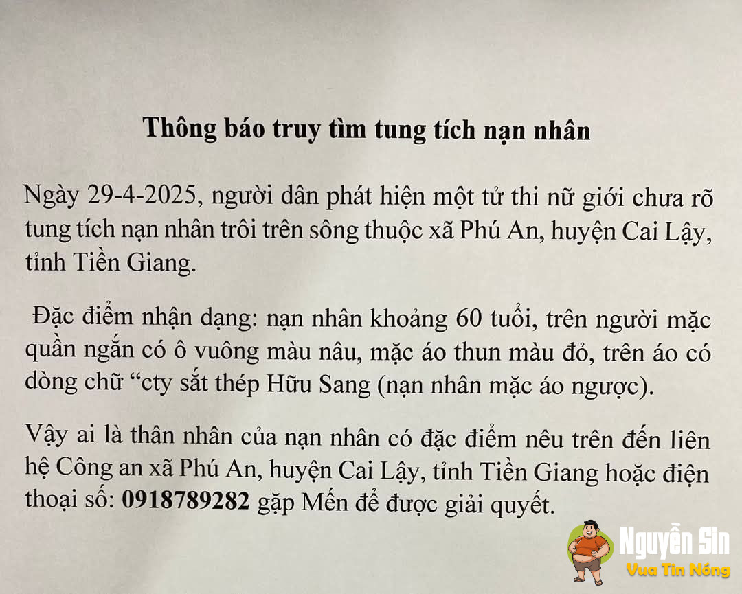 Phát hiện 1 thithe nữ chưa rõ thân nhân được người dân vớt lên ở ấp 02 Phú An, Cai Lậy, Tiền Giang