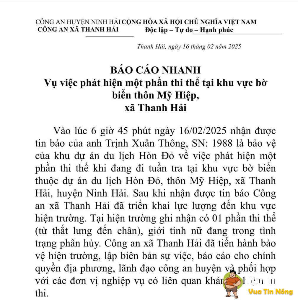 Ninh Thuận: Phát hiện 1 phần thithe từ thắt lưng đến chân giới tính nữ