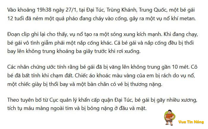 Trung Quốc : Bé gái ném pháo vào cống bị hất tung lên gần 10m
