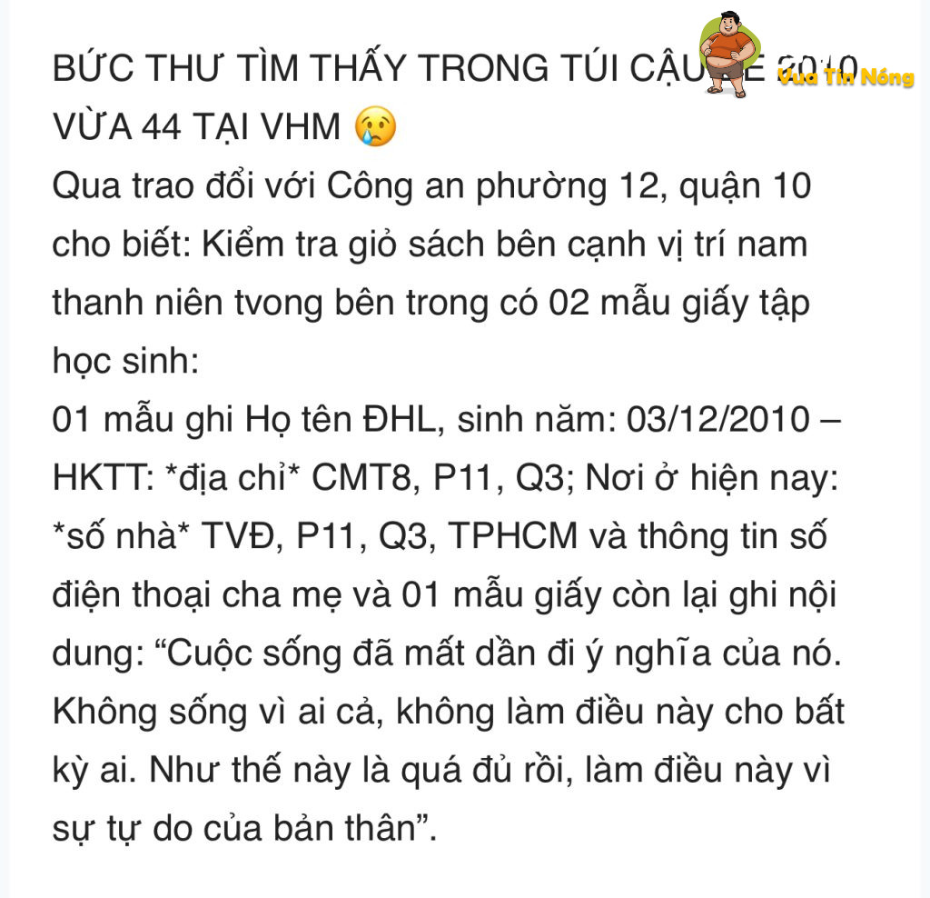 BỨC THƯ TÌM THẤY TRONG TÚI CẬU BÉ 44 Ở VẠN HẠNH Mall- QUẬN 10