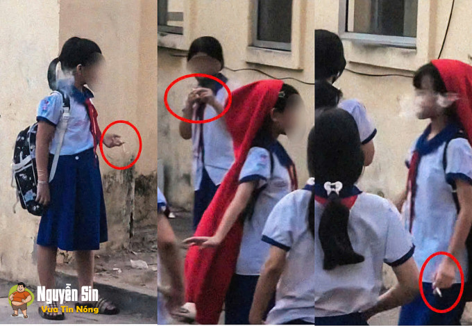 Học sinh tiểu học hút thuốc trong sân trường