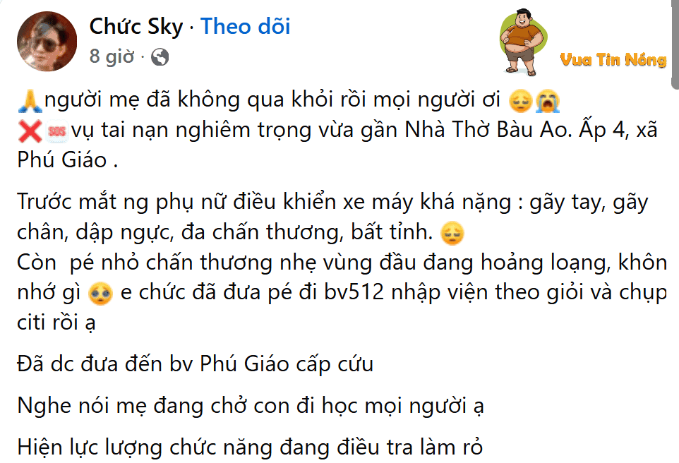 Xã Phú Giáo, TP.HCM: mẹ chở con gái đi học varcham với xe tải, khiến người mẹ tuvong – con gái đi cấp cứu
